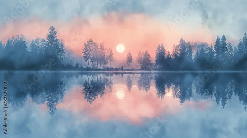 Sunset Serenity at a Misty Lake Watercolor Scene photo