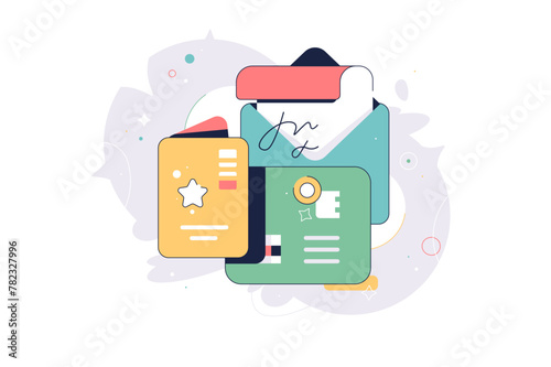 Letter Envelop Mail Colorful Flat Icon. Stack of letters with colorful stamps. Vector illustration of mail from a pen pal in trendy flat style