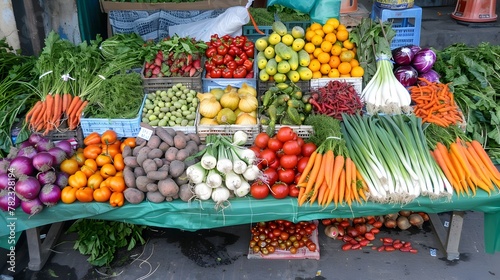 Vibrant Assortment of Fresh Produce on a Market Stall,Showcasing a Colorful Variety of Seasonal Fruits and Vegetables for Sale