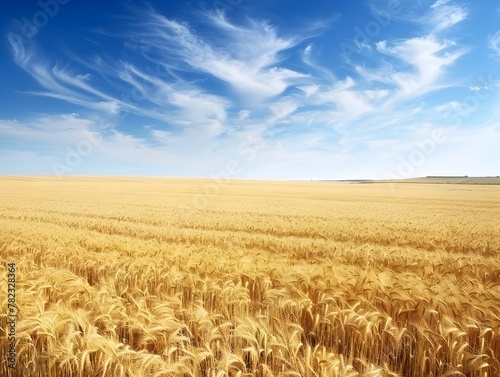 Boundless Golden Wheat Field Stretching Under Clear Blue Sky in Serene Rural Countryside Landscape