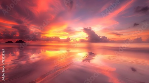 Breathtaking Sunset Reflection Casting Vibrant Hues over Tranquil Tropical Beach Landscape © Natanong