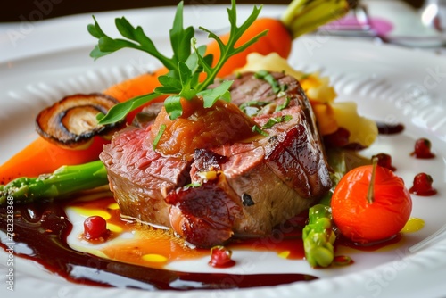 A high-quality beef tenderloin adorned with colorful vegetables and a glossy reduction, offering a visually stunning and tasty dish