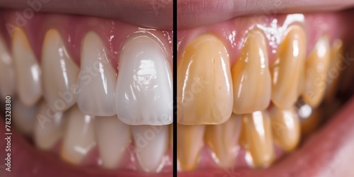 A detailed image showing the contrast between bright white teeth and discolored, stained teeth, appropriate for dental health photo