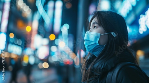 Woman Wearing Face Mask in City at Night