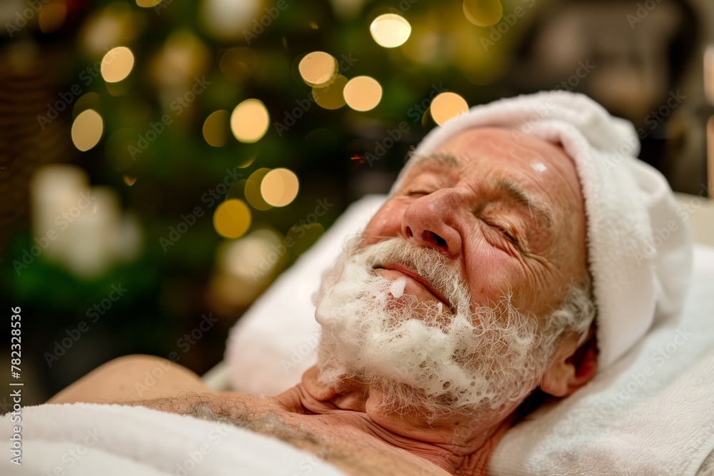 An elderly man is seen relaxing and smiling with a facial treatment, evoking a sense of wellness and self-care