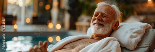 A panoramic image of an elderly man smiling contentedly while relaxing on a comfortable chair at a spa