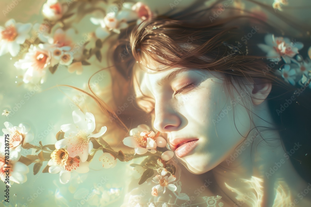 An ethereal image of a woman with her hair fanned out, surrounded by floating flowers that create a tranquil atmosphere An ethereal image of a woman with her hair fanned out, surrounded by floating flowers that create a tranquil atmosphere