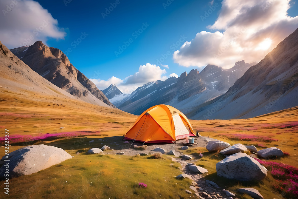 Stunning mountain campsite with vibrant tent, a perfect summer getaway for adventurous tourists design.