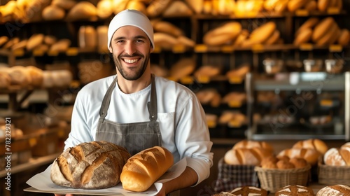 Happy baker holding a tray of fresh bread in a bakery. photo