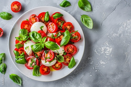 Italian Caprese salad with cherry tomatoes mozzarella basil top view copy space