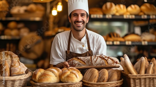 Happy baker showing fresh bread in the bakery