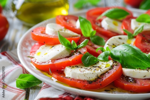 Italian caprese salad with tomato mozzarella basil and oil focused