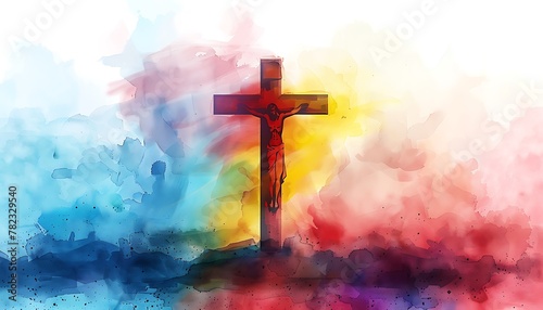 "Cross of Jesus Christ on a Colorful Watercolor Background - Illustration"