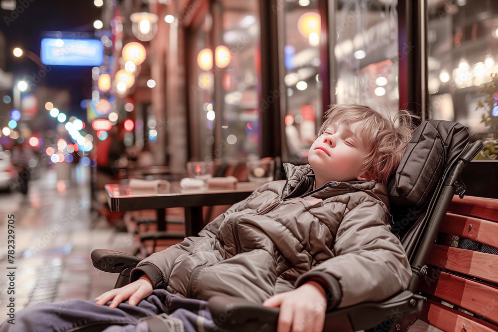 Sleeping child in city nightlife
