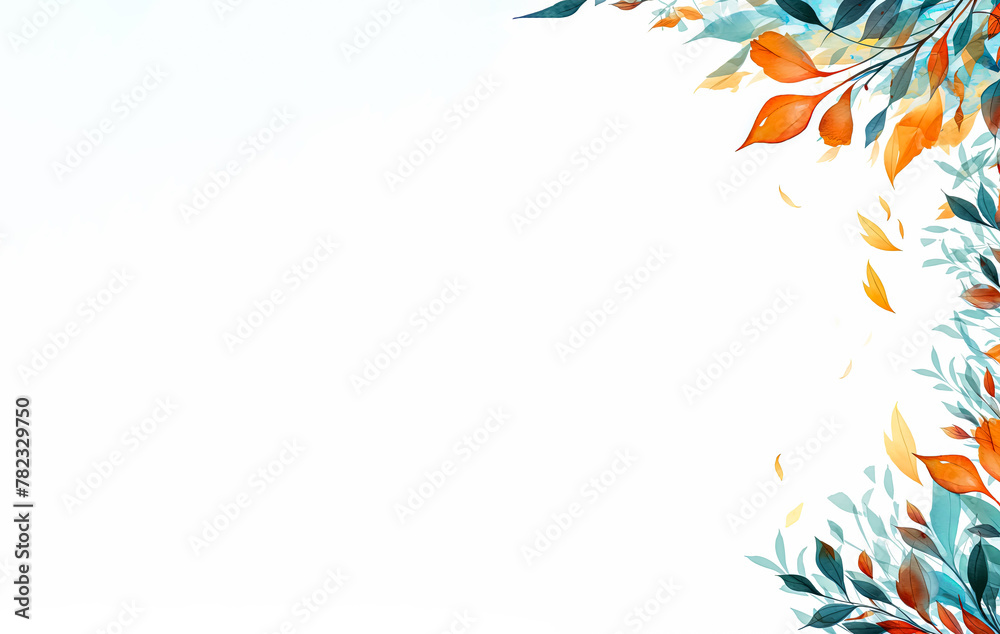 A white background with a blue and orange leafy border. The border is made up of many different shades of blue and orange