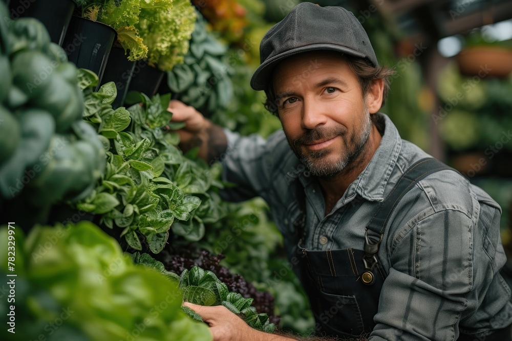 Harvesting Green: Man in Hat Picking Lettuce
