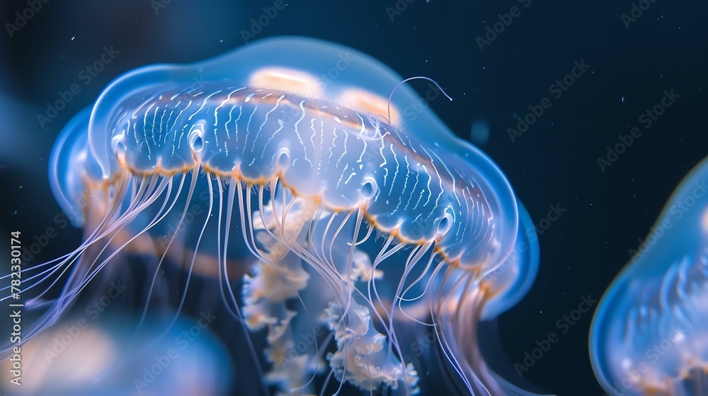 Glowing jellyfish in the dark ocean. The jellyfish is a beautiful and fascinating creature that is found in all oceans.
