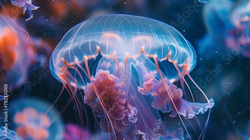 A beautiful jellyfish with long  flowing tentacles. Its body is transparent  and you can see the delicate details of its internal organs.