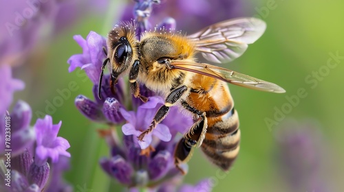 A bee pollinating a lavender flower. The bee is covered in pollen and the lavender flower is in focus. The background is blurred.