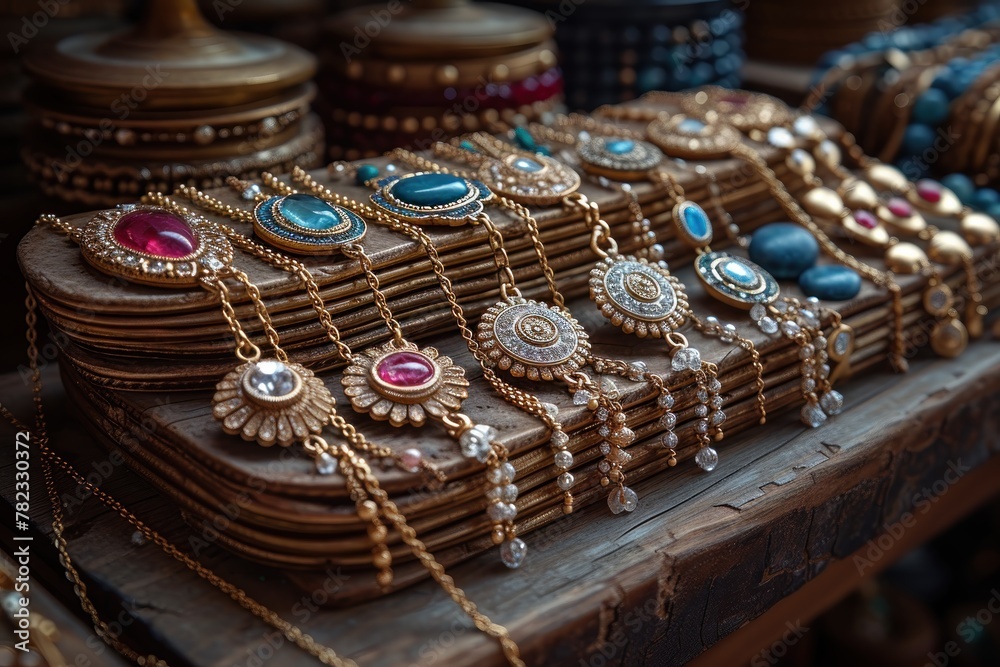 Eclectic Array: Handcrafted Necklaces on Rustic Table Eclectic Array: Handcrafted Necklaces on Rustic Table