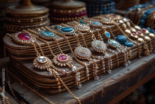 Eclectic Array: Handcrafted Necklaces on Rustic Table