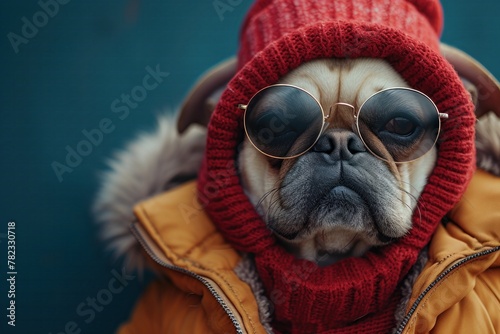 Small dog in red hat and sunglasses photo
