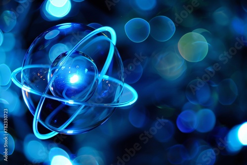 Illustration depicting an atom its electrons aglow with neon blue highlighting the quantum leap in tech exploration