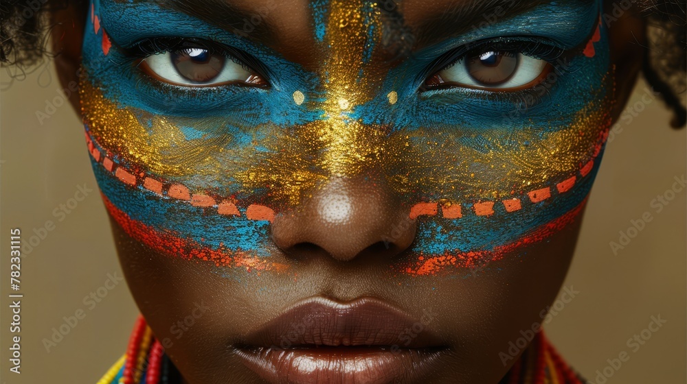 blue and gold hues adorn her features; a necklace drapes around her neck blue and gold hues adorn her features; a necklace drapes around her neck