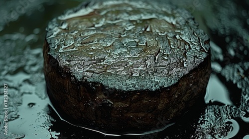   A brown cake sits atop a wettable surface, with water condensing above it photo