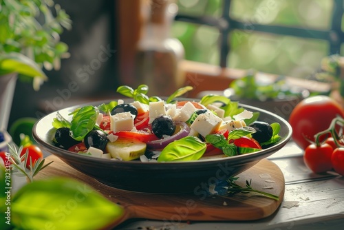 Italian salad with vegetables olives Parmesan Vintage setting