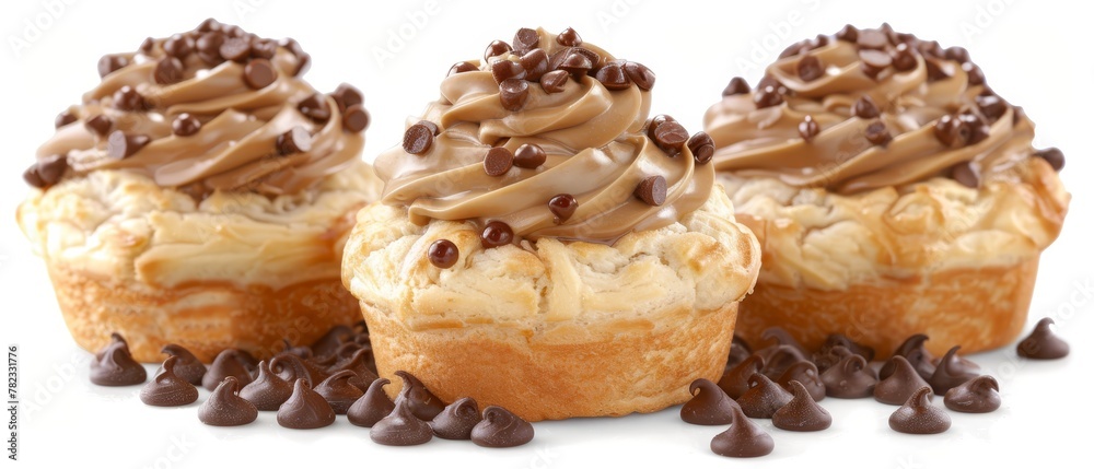 A tight shot of three cupcakes, each adorned with chocolate chips atop and base A tight shot of three cupcakes, each adorned with chocolate chips atop and base