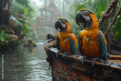 Two parrots perched on boat in water photo