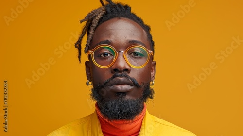  A man dons yellow glasses and a yellow shirt, under which he wears a red turtleneck