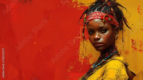  A woman with dreadlocks is depicted against a vibrant backdrop of red, yellow, and yellow hues