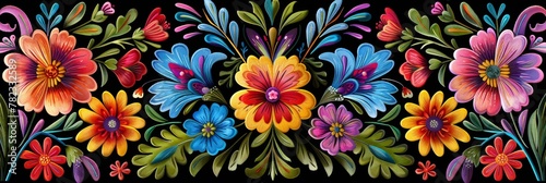 This vibrant digital artwork of Mexican folk embroidery, featuring colorful floral patterns