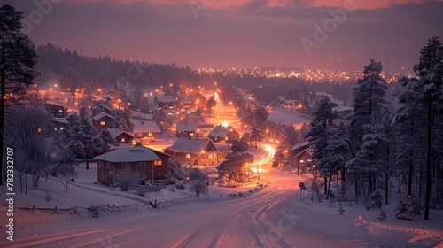  A quaint town blanketed in heavy snow, trees line the opposite roadside