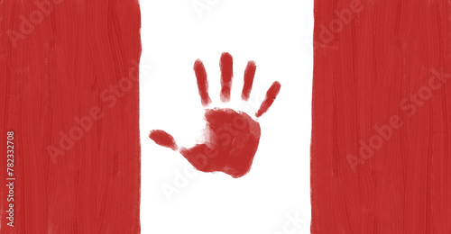 First of july canadian flag with a painted hand, national symbol of Canada with texture of brush strokes and a handprint, dominion day national day of canada photo
