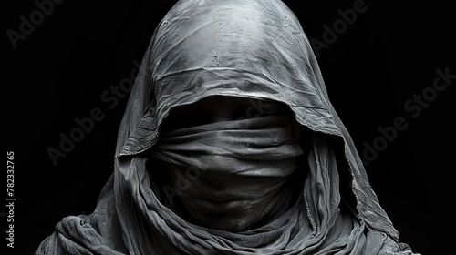   A monochrome image of an individual wearing a headcovering and a scarf against a jet-black backdrop