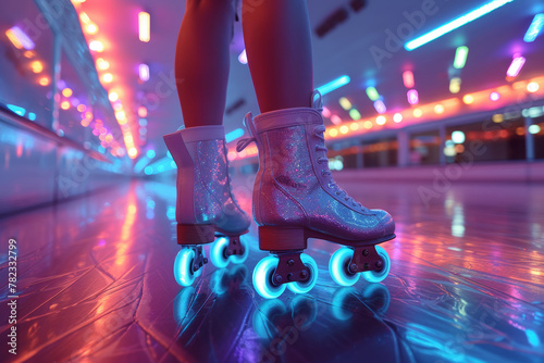Person riding roller skate at retro-themed roller disco © yuliachupina