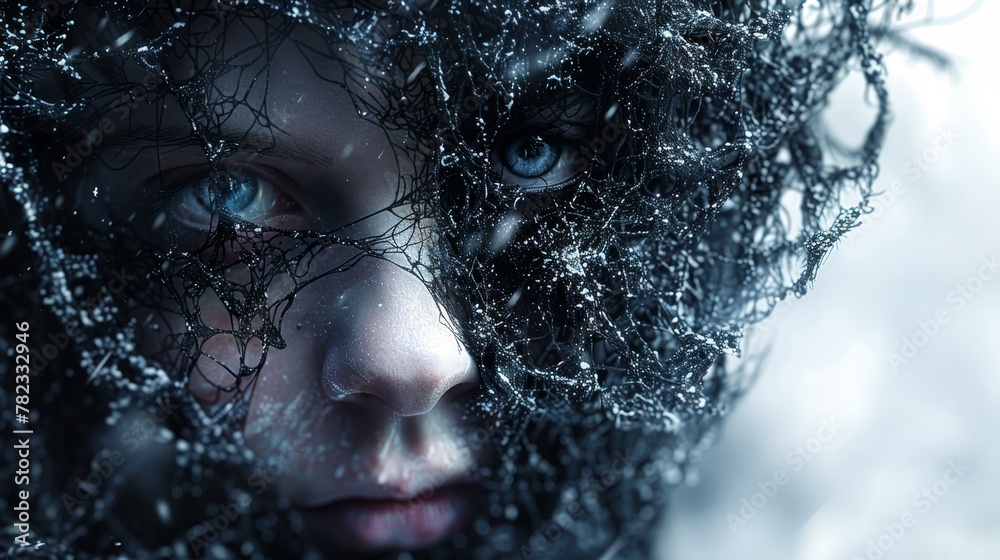   A woman's face, heavily covered in snow, with abundant hair