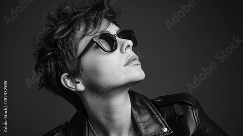  A monochrome image of an individual in a leather jacket and sunglasses, gazing off-kilter with a grave expression