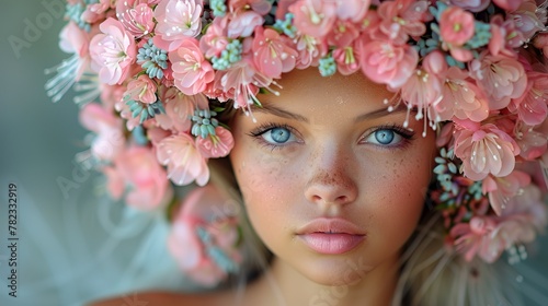  A tight shot of a woman wearing a floral crown adorned with blue eyes and pink blooms