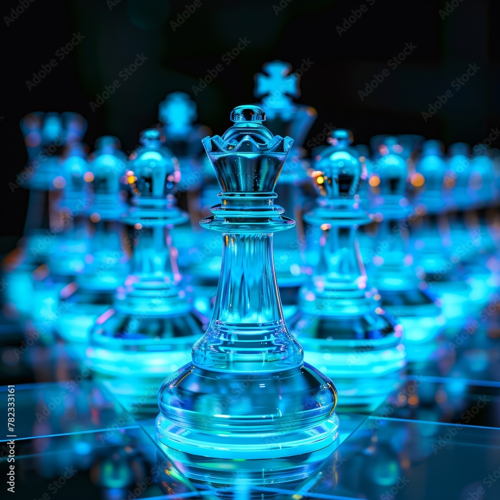 Illustration of a chess game glowing in neon blue symbolizing tactical intelligence with room for text Illustration of a chess game glowing in neon blue symbolizing tactical intelligence with room for text