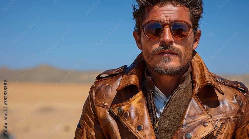   A tight shot of an individual donning a brown leather jacket and sunglasses against a desert background