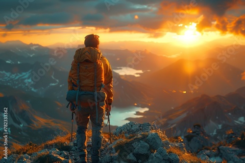 Man on mountain peak watches sunset over natural landscape
