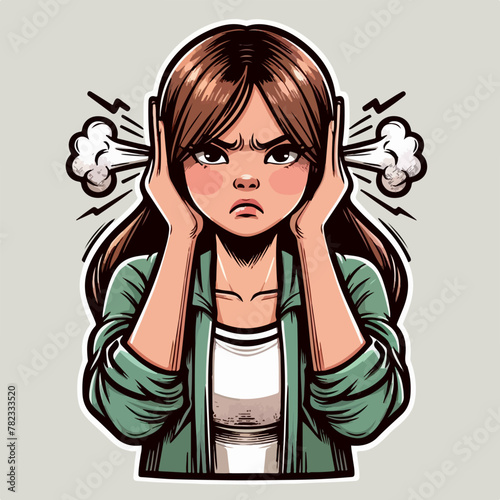 Vector woman covering ears with hand cartoon illustration