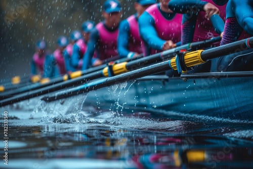 Rowers in pink and blue rowing in the rain photo