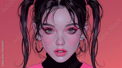  Digital painting of a woman with freckles on her face against a pink background