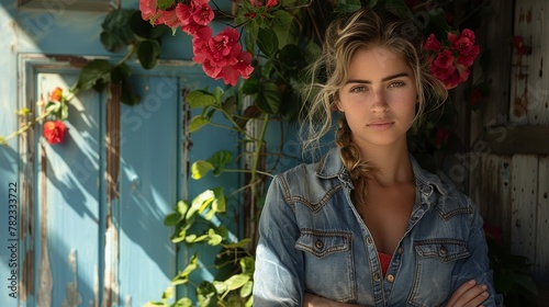   A young woman, radiant and beautiful, stands before a blue wall adorned with blooming flowers ascending its side Her arms are folded across her chest