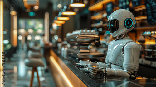 Futuristic robot waiter helps in customer service in modern cozy cafe. The robot is holding cup of coffee. Cozy atmosphere, blurred background with bokeh.